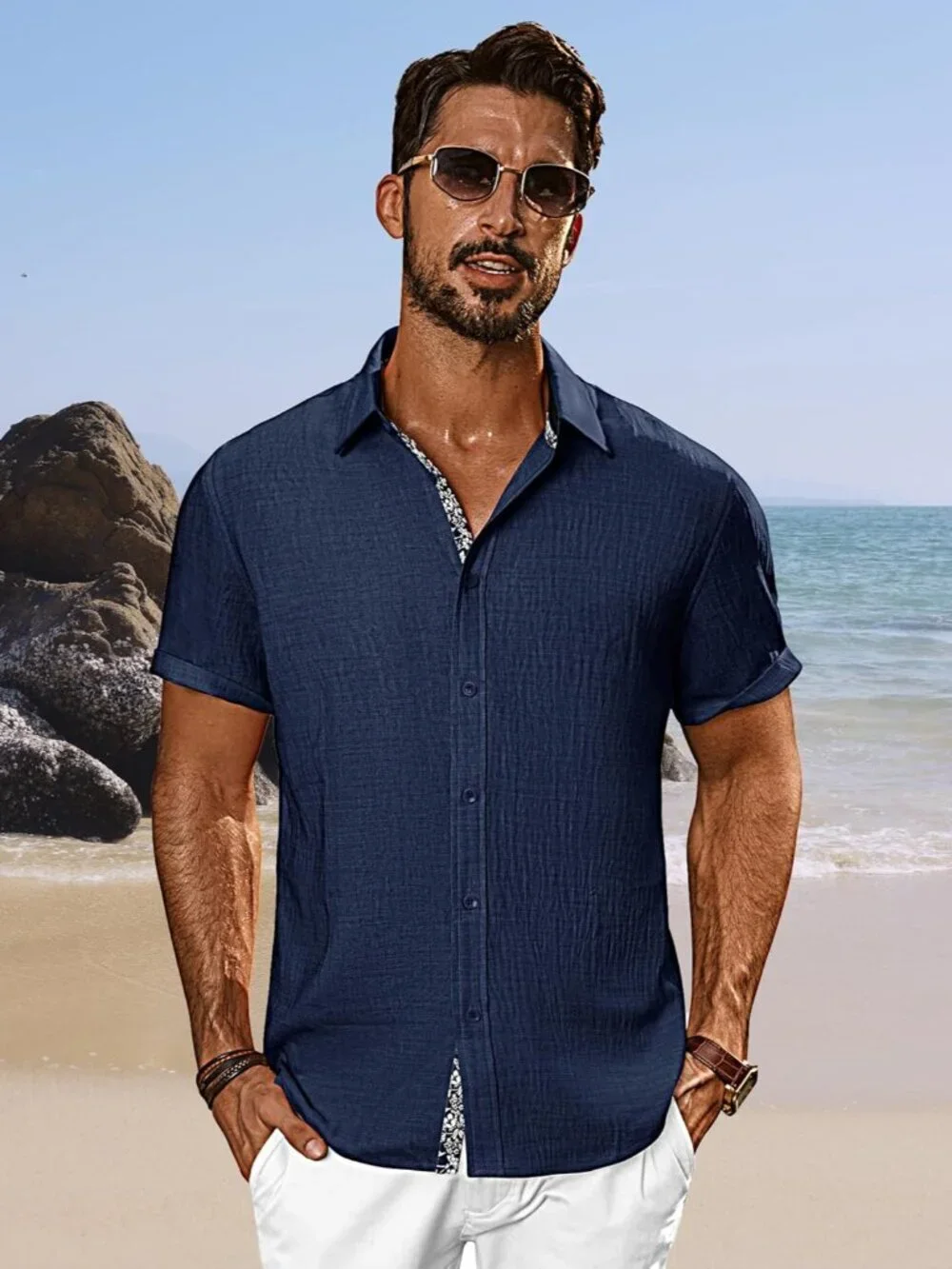 Men's Navy Blue Button Down Short Sleeve Casual Textured Beach Wedding Shirt